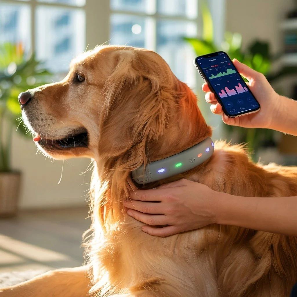 Golden retriever wearing a smart collar while its owner checks a phone app