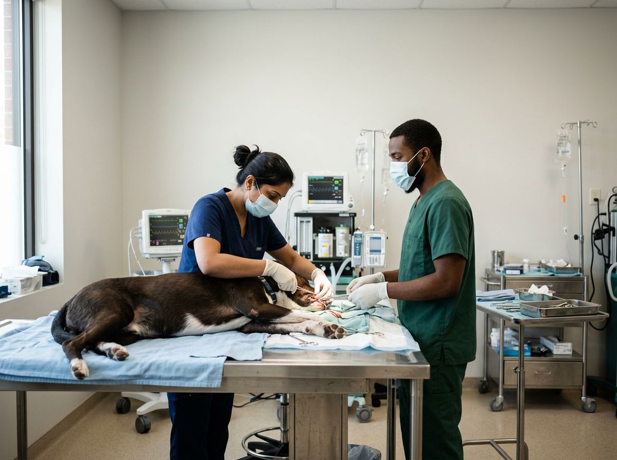 Veterinary team preparing a dog for surgery in an operating room