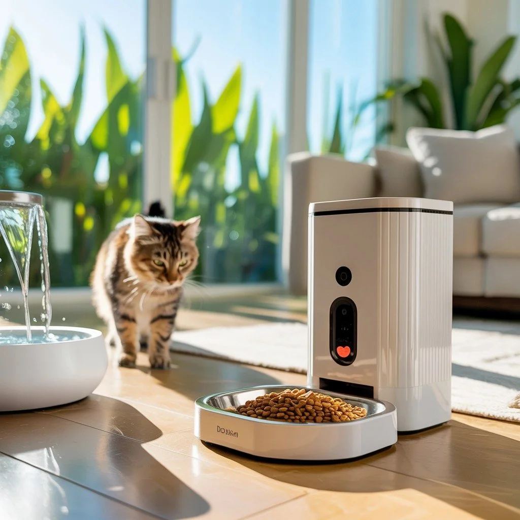 Cat next to an automated treat dispenser with a camera