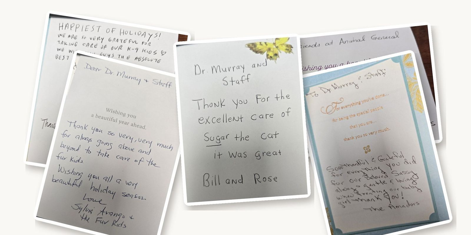 Handwritten thank-you cards from Animal General Hospital clients