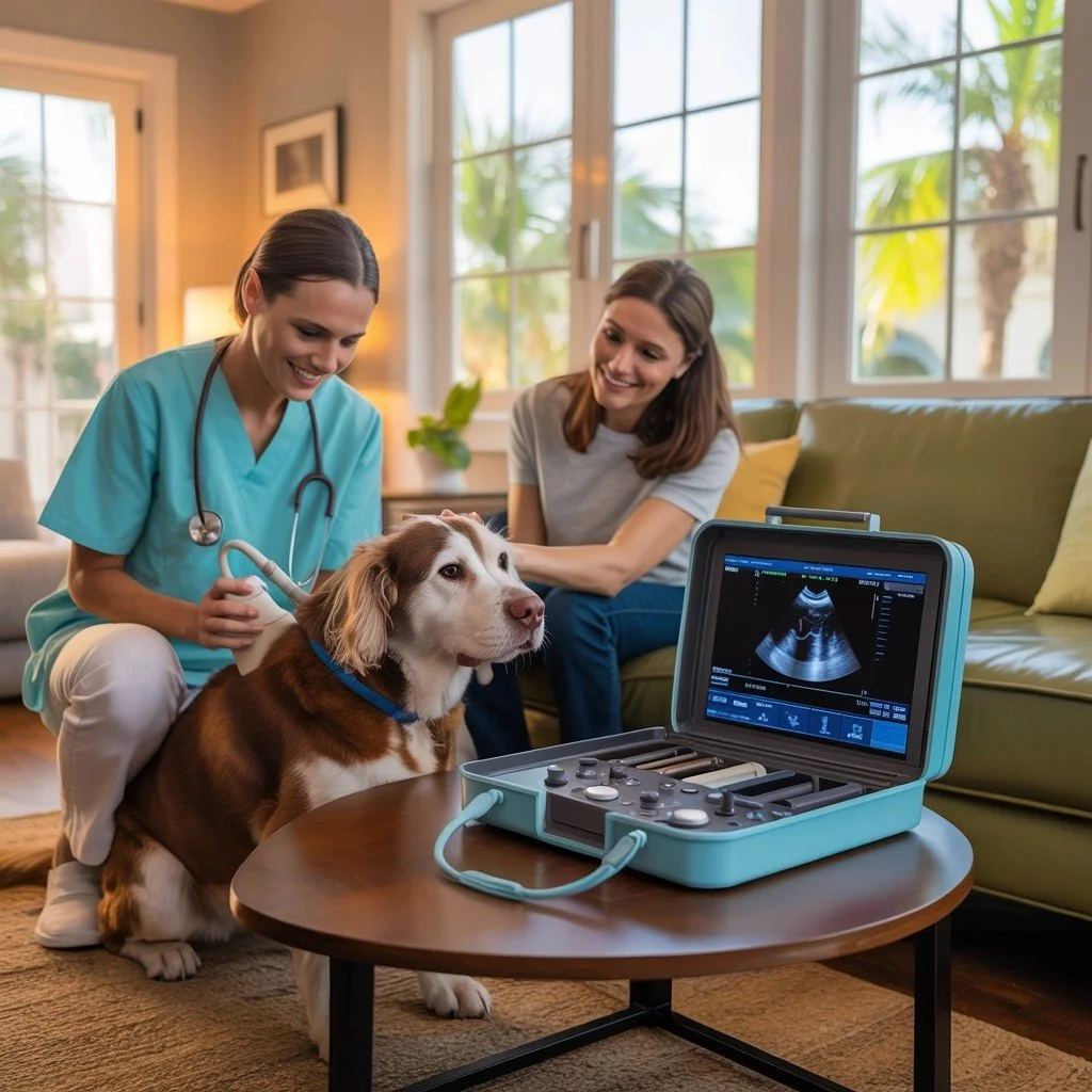 Veterinarian examining a dog at home with portable equipment